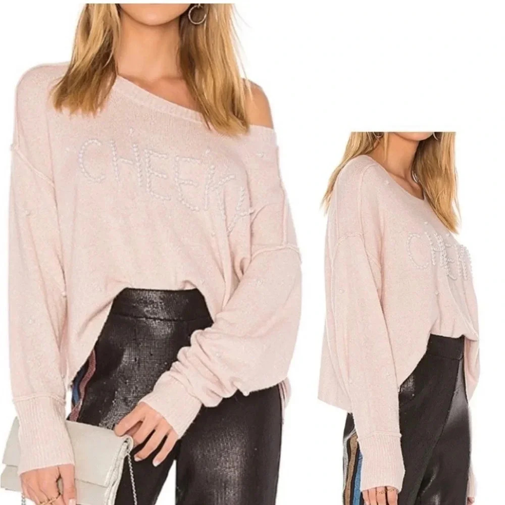 Wildfox Embellished Pearl Cropped Cherie Sweater Light Pink Size S